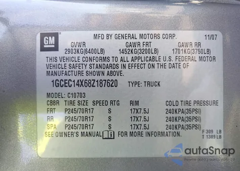 2008 Chevrolet Silverado 1500 Work Truck из США, поврежденный, VIN 1GCEC14X68Z187620